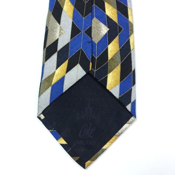 Elegant Striped Zig Zag Abstract Black Blue Yellow Gray 100% Silk Necktie ITALY - Picture 7 of 10